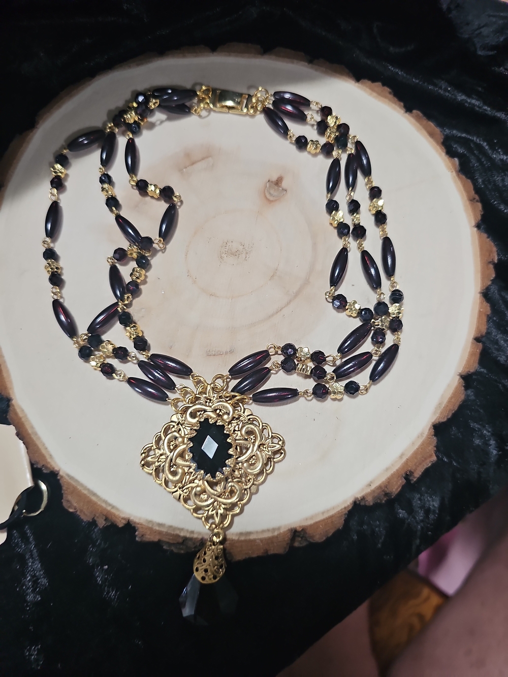 Elegant Gold Filigree Necklace with Black Beads 18inches